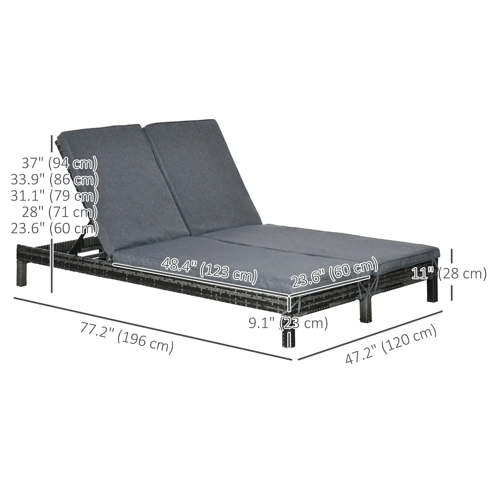 Wicker Double Chaise Lounge, Outdoor Recliner, Rattan Sunbed, Adjustable Backrest, Black, Grey Chaise Loungers at Gallery Canada