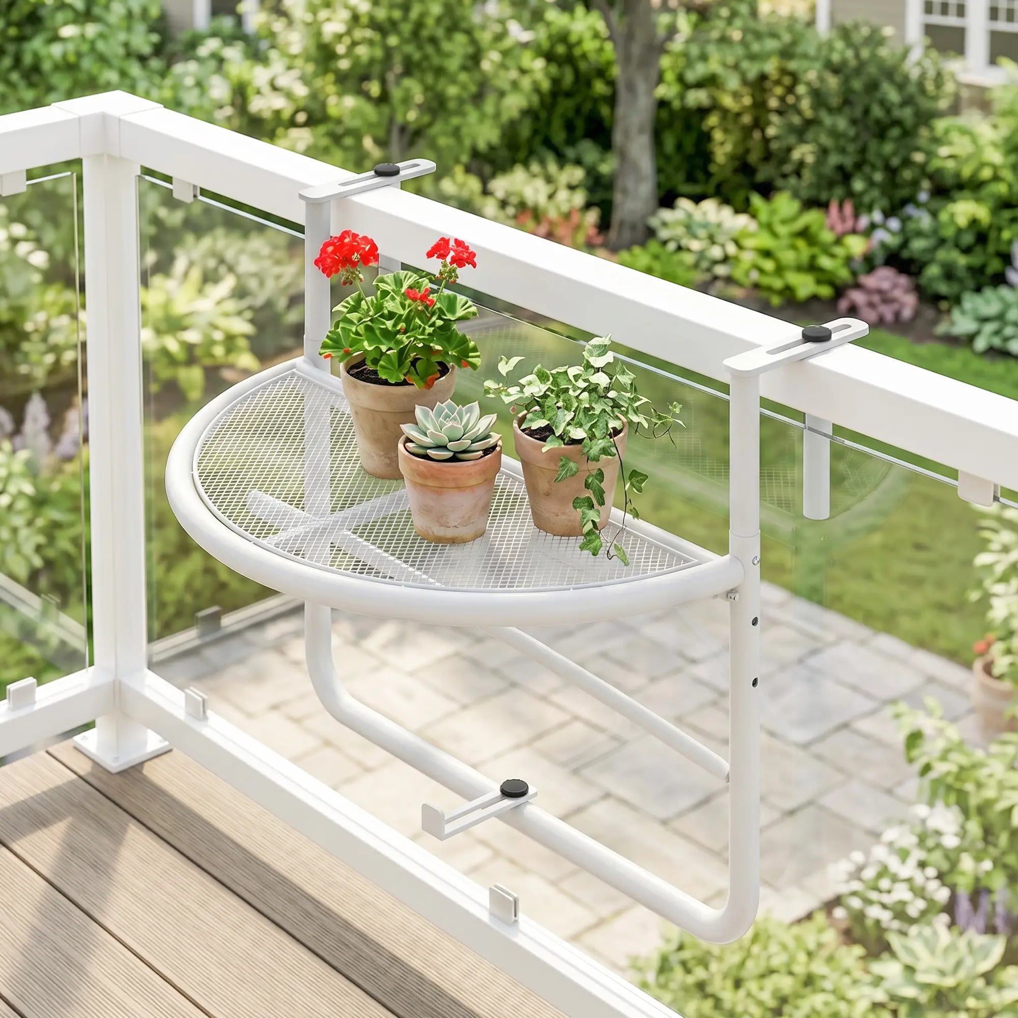 Adjustable Balcony Hanging Table, Metal Wall Desk, Outdoor Flower Stand, Half Round, White Balcony Table Hanging at Gallery Canada