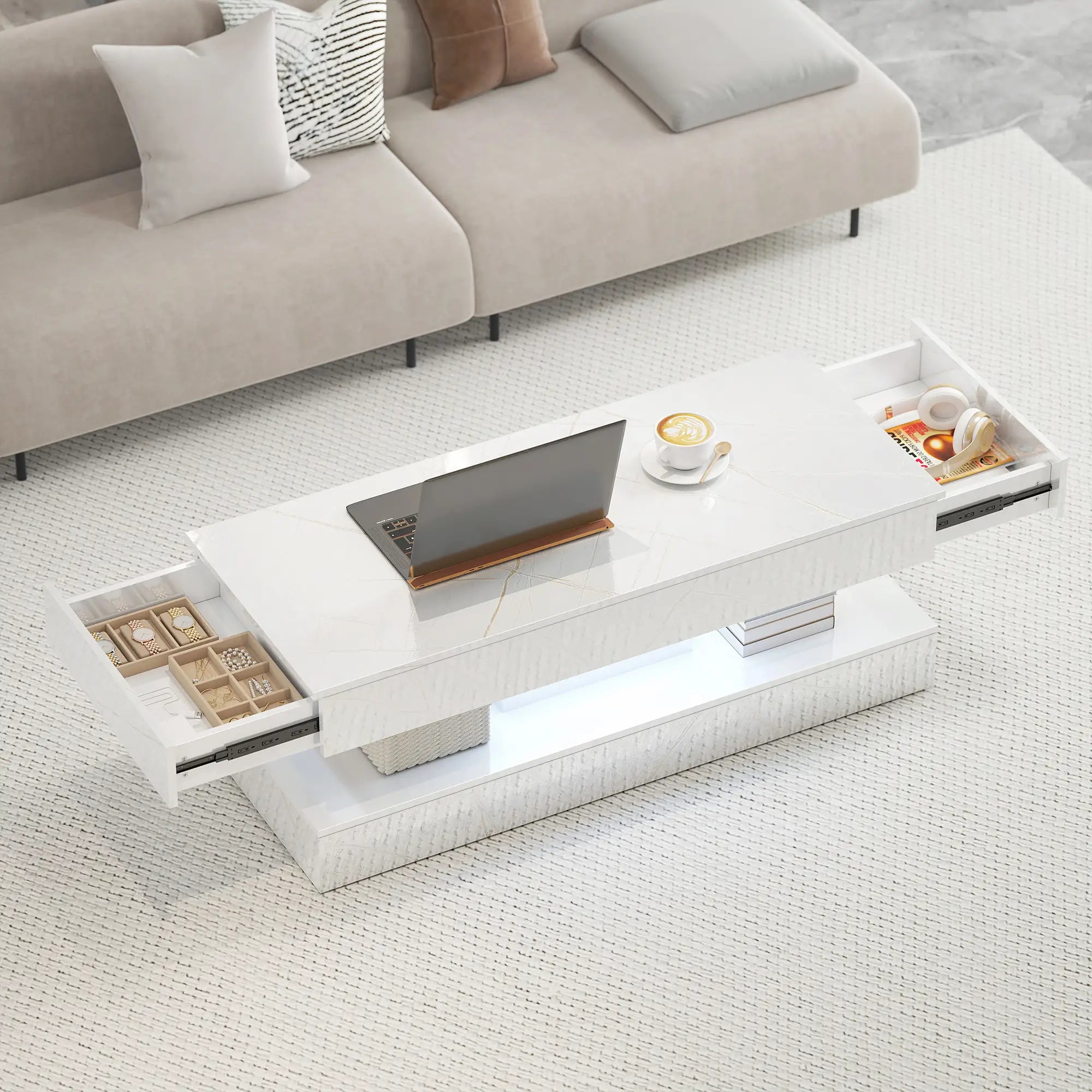 Adjustable LED Coffee Table, 2 Drawers, Open Shelf, Remote, White Coffee Tables at Gallery Canada