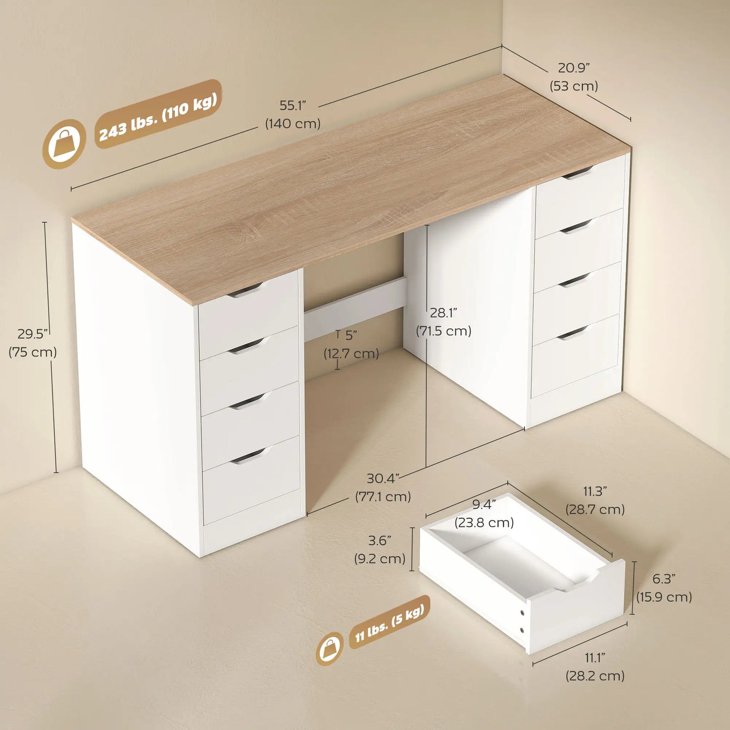 Desk With 8 Drawers, 55.1"W, White, Modern Computer Desk, White