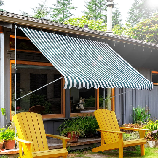 10x5ft Manual Retractable Awning, Patio Sun Shade, Water Resistant, Green Door Awnings Green and White at Gallery Canada