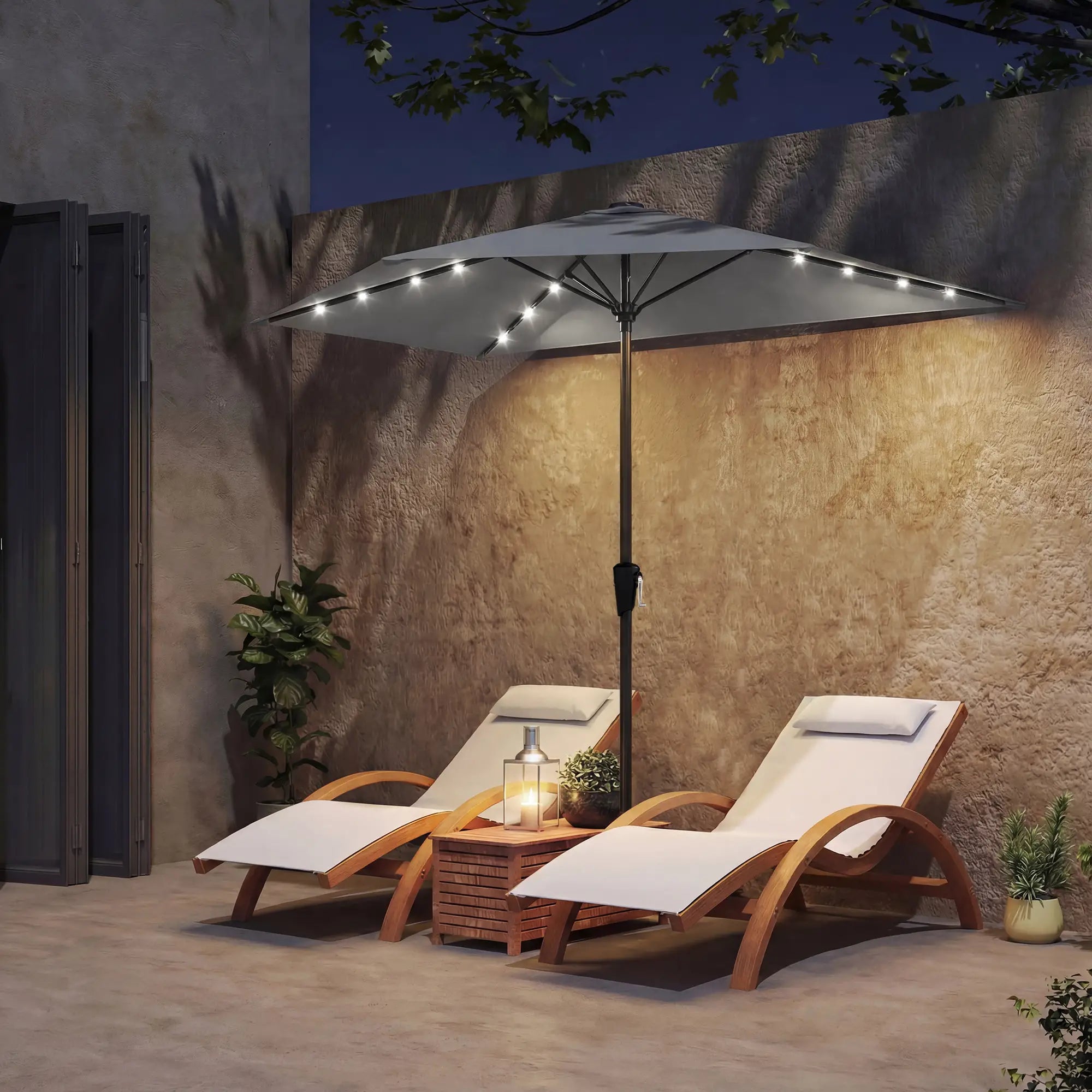 Half Patio Umbrella With Solar LED Lights, 9ft, Dark Grey Half Round Umbrellas at Gallery Canada