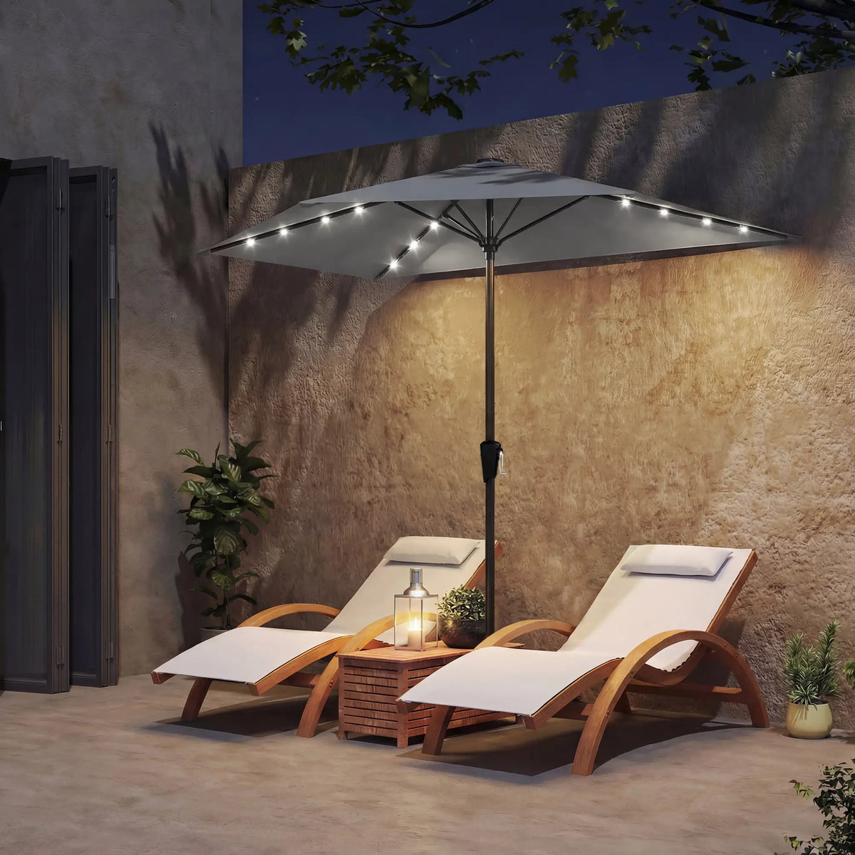 Half Patio Umbrella With Solar LED Lights, 9ft, Dark Grey Half Round Umbrellas at Gallery Canada