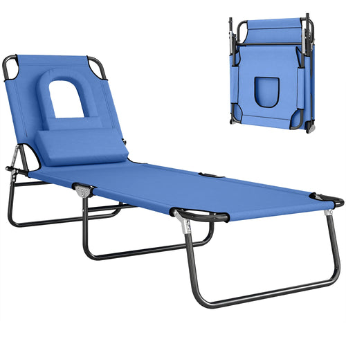 Adjustable Outdoor Lounge Chair, Folding Chaise with Face Hole, Blue