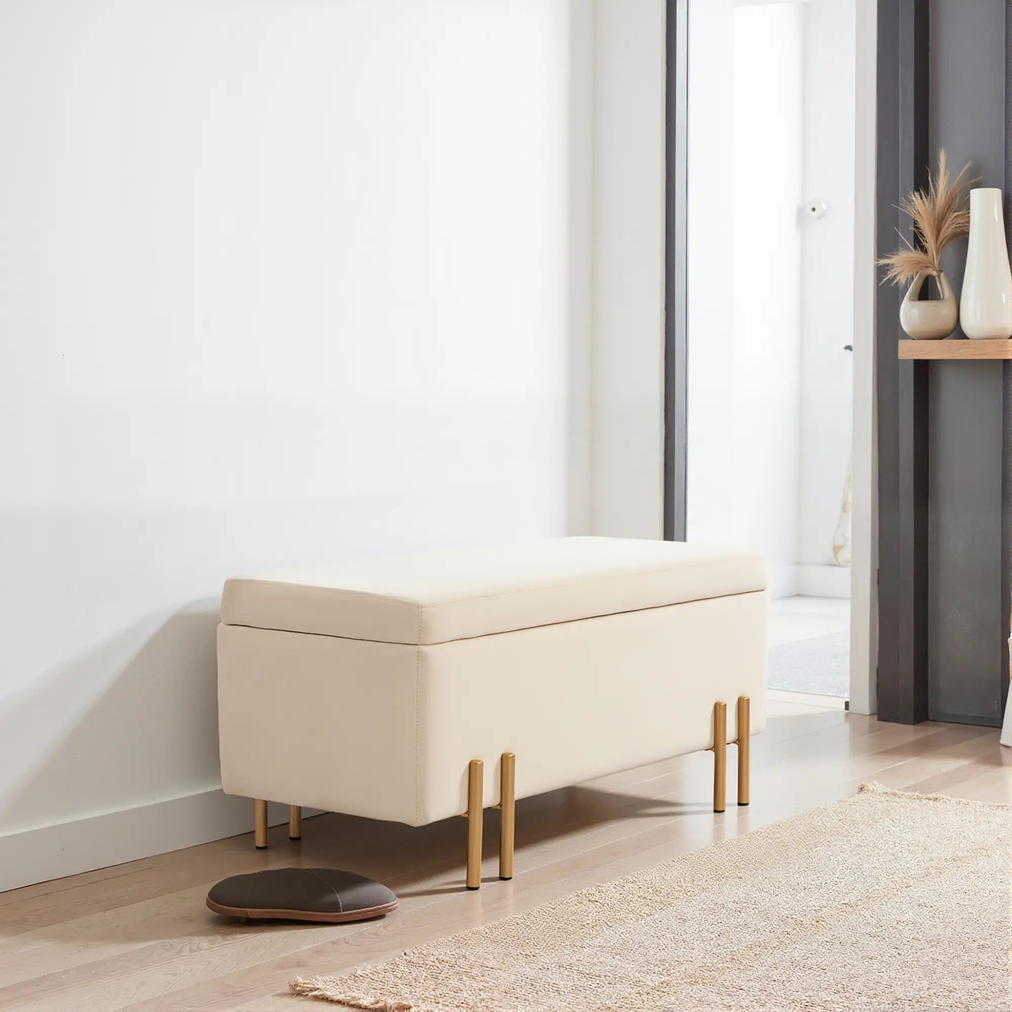 Storage Ottoman Bench, Flip-Top, 18.5 Gallons, Velvet, Metal Legs, Beige Storage Ottomans & Benches at Gallery Canada