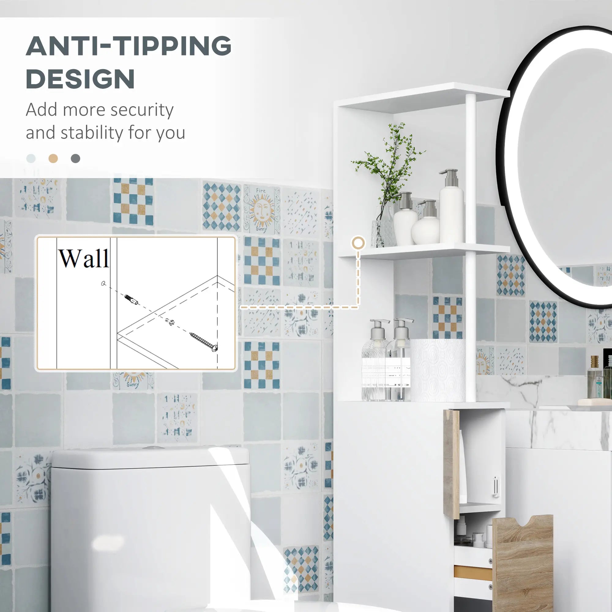 Tall Bathroom Storage Cabinet, Narrow Bathroom Cabinet with Drawers and Open Shelves for Small Spaces, Natural Wood Freestanding Bathroom Cabinets at Gallery Canada