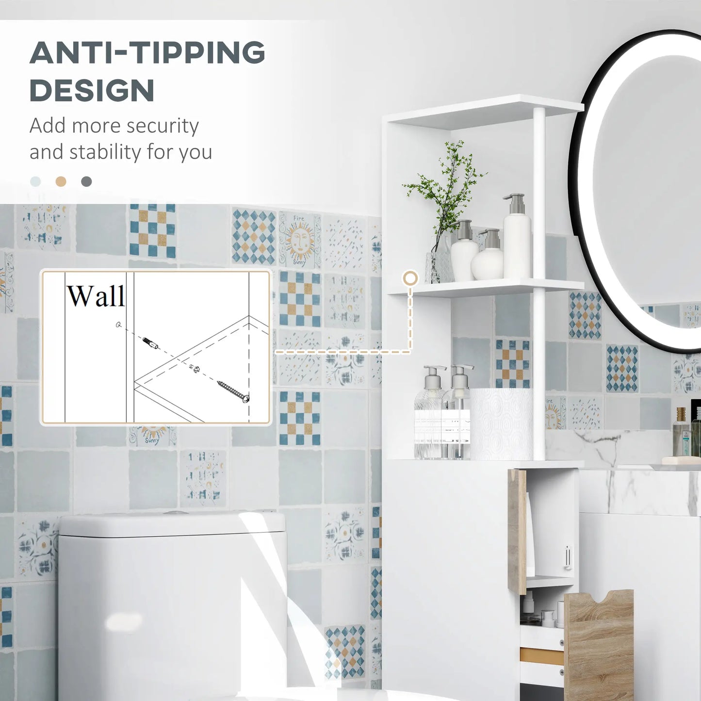 Tall Bathroom Storage Cabinet, Narrow Bathroom Cabinet with Drawers and Open Shelves for Small Spaces, Natural Wood Freestanding Bathroom Cabinets at Gallery Canada