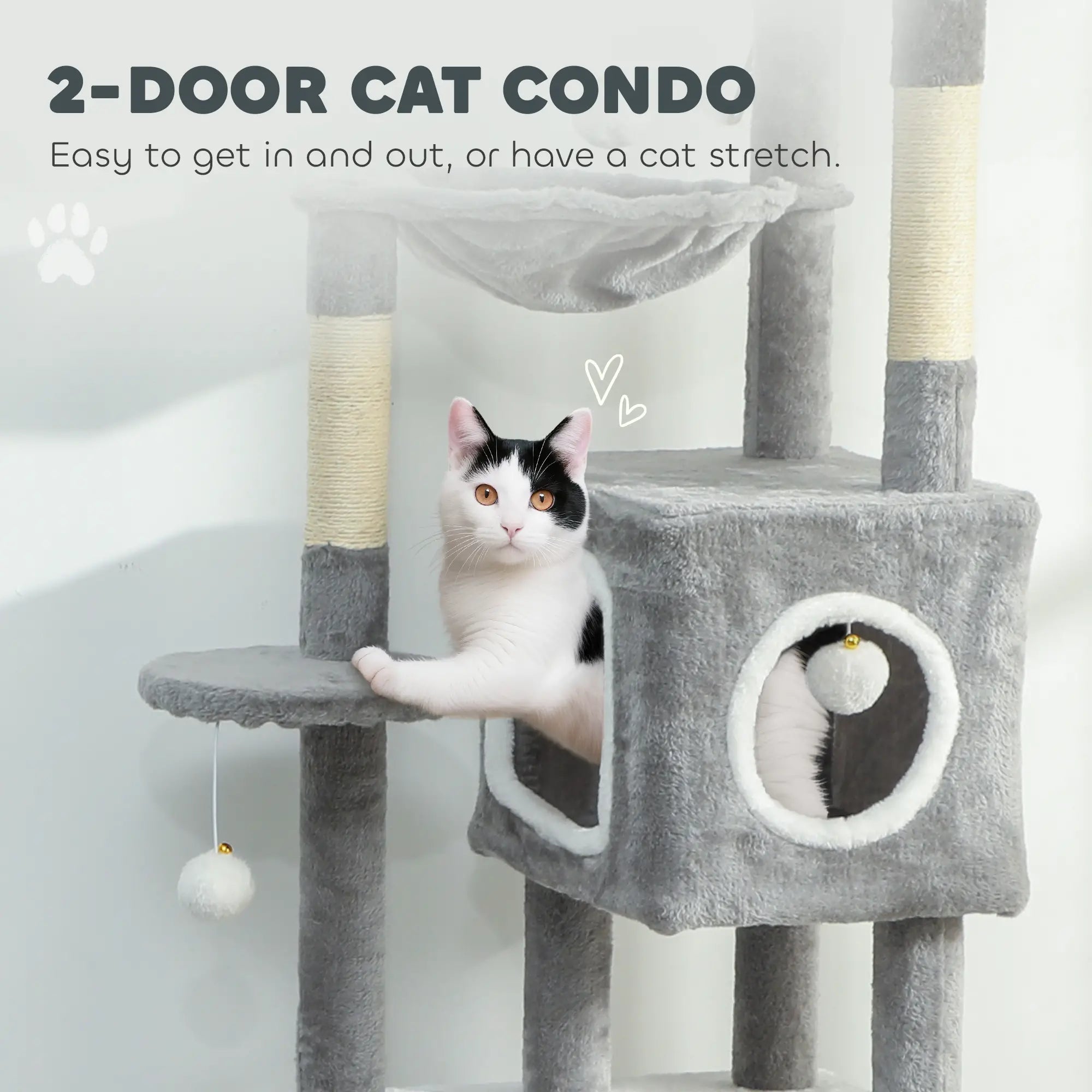 65 Inch Cat Tree, 2 Doors Condos, Plush Perch, Hammock, Grey Cat Towers at Gallery Canada