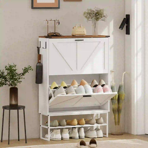 Narrow Shoe Cabinet with 2 Flip Drawers, Slim, White Wood Grain, White