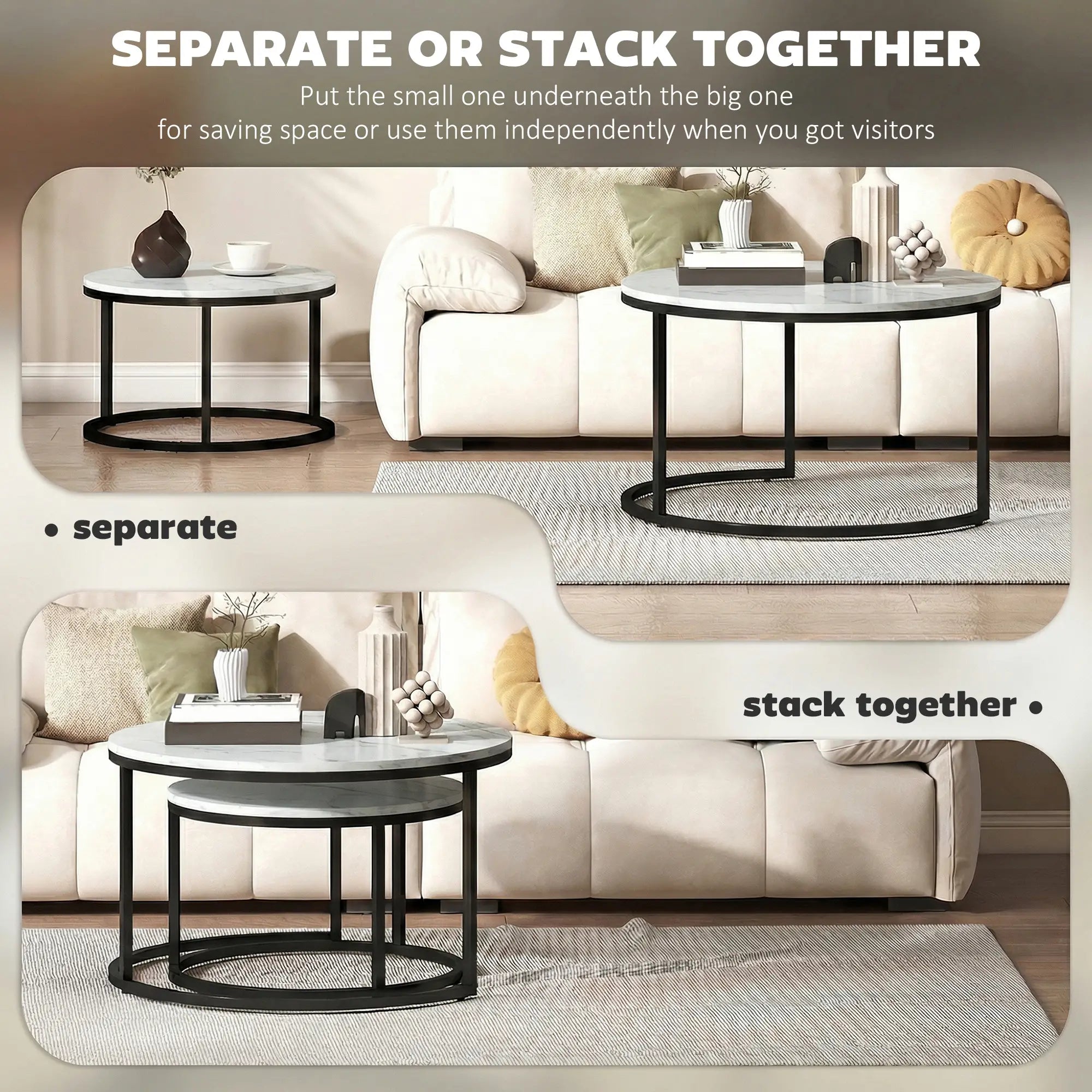 Modern Coffee Table Set, 2 Nesting Tables, Metal Base, Marble White, White Coffee Tables at Gallery Canada