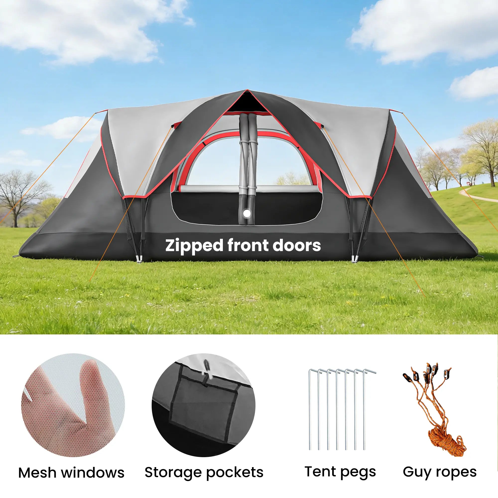 6-8 Man Camping Tent, 2000mm Waterproof Rainfly, Carry Bag, Dark Grey Camping Tents at Gallery Canada