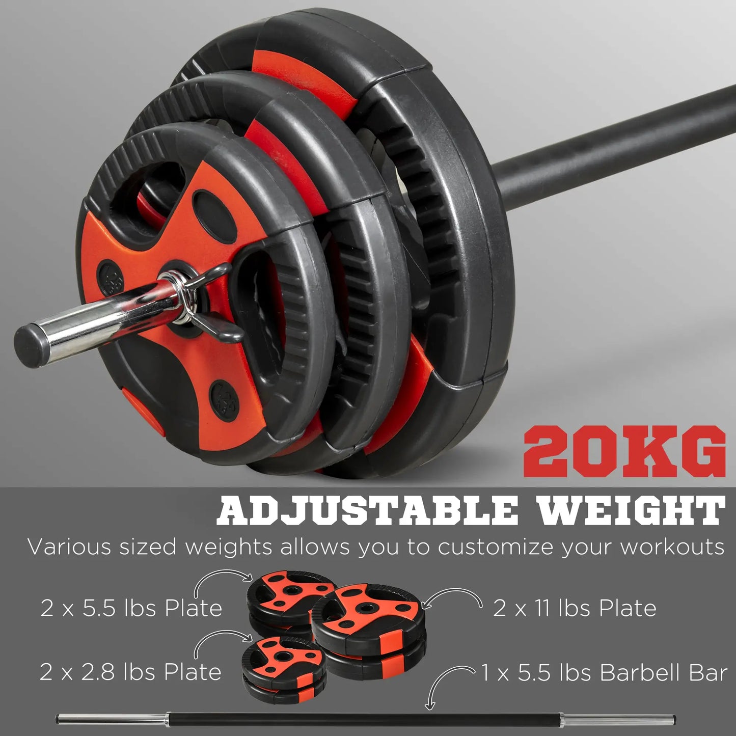 44lbs Adjustable Barbell Weight Set, Free Body Pump Bar, Black and Red Dumbbells & Barbells at Gallery Canada