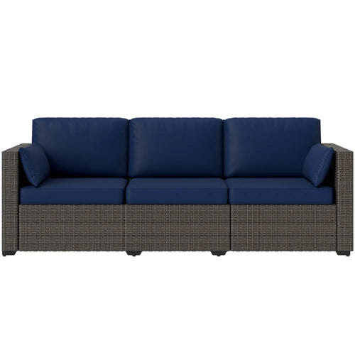 3-Seater Outdoor Sofa, PE Rattan Patio Couch With Cushions, Blue/Brown