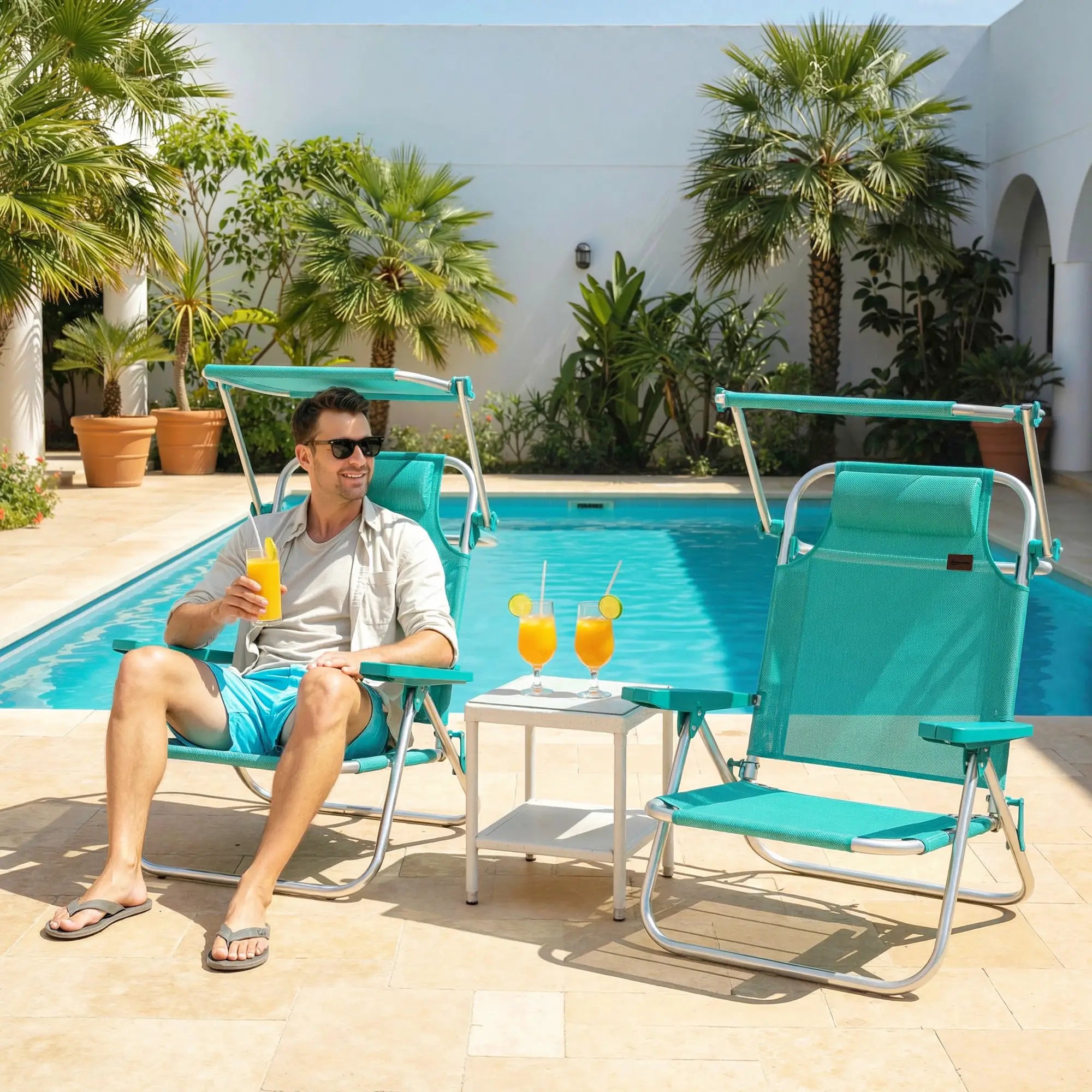 Folding Beach Chair, Adjustable Canopy, 6-Position Reclining, Turquoise Beach Accessories at Gallery Canada