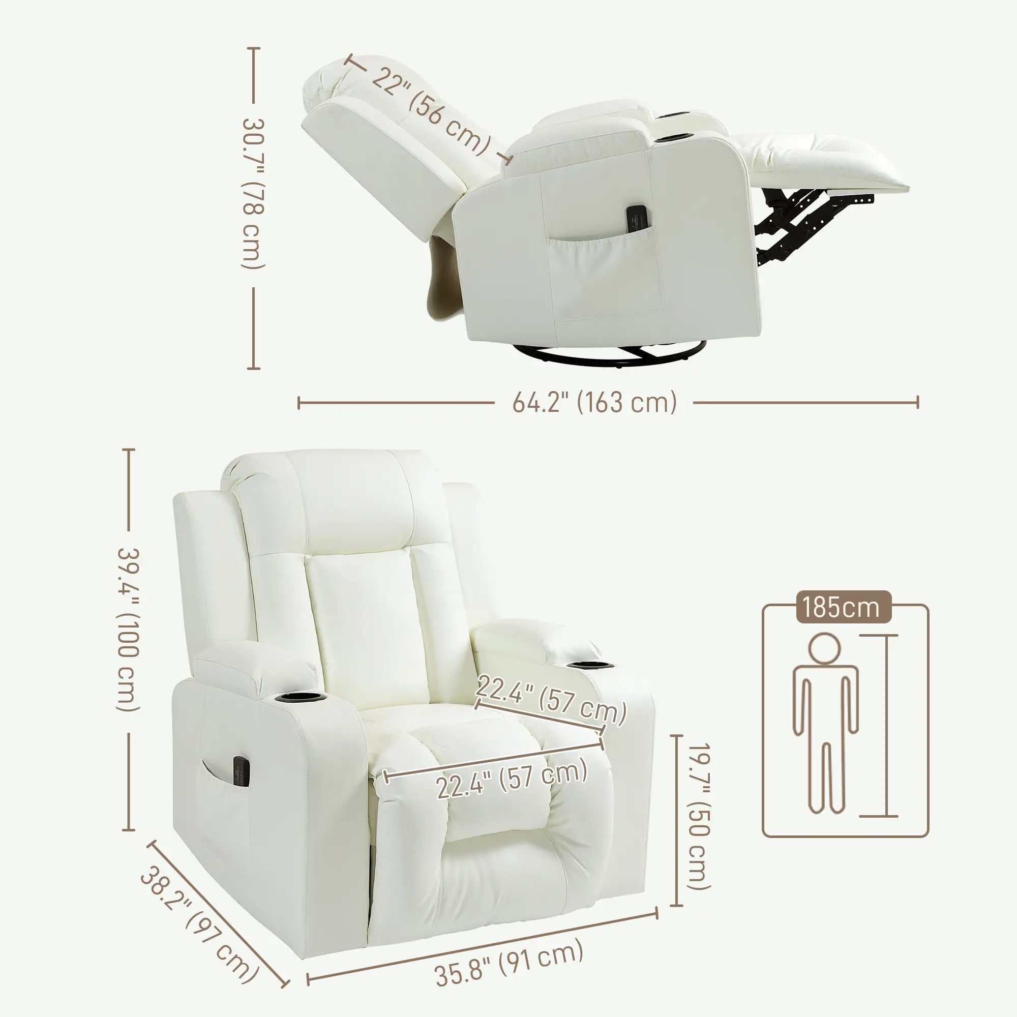 Swivel Massage Recliner Chair, Manual Rocker, PU Leather, Cream White Single Sofas at Gallery Canada