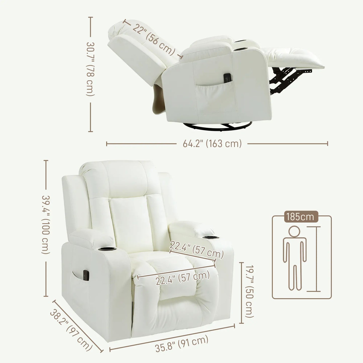 Swivel Massage Recliner Chair, Manual Rocker, PU Leather, Cream White Single Sofas at Gallery Canada