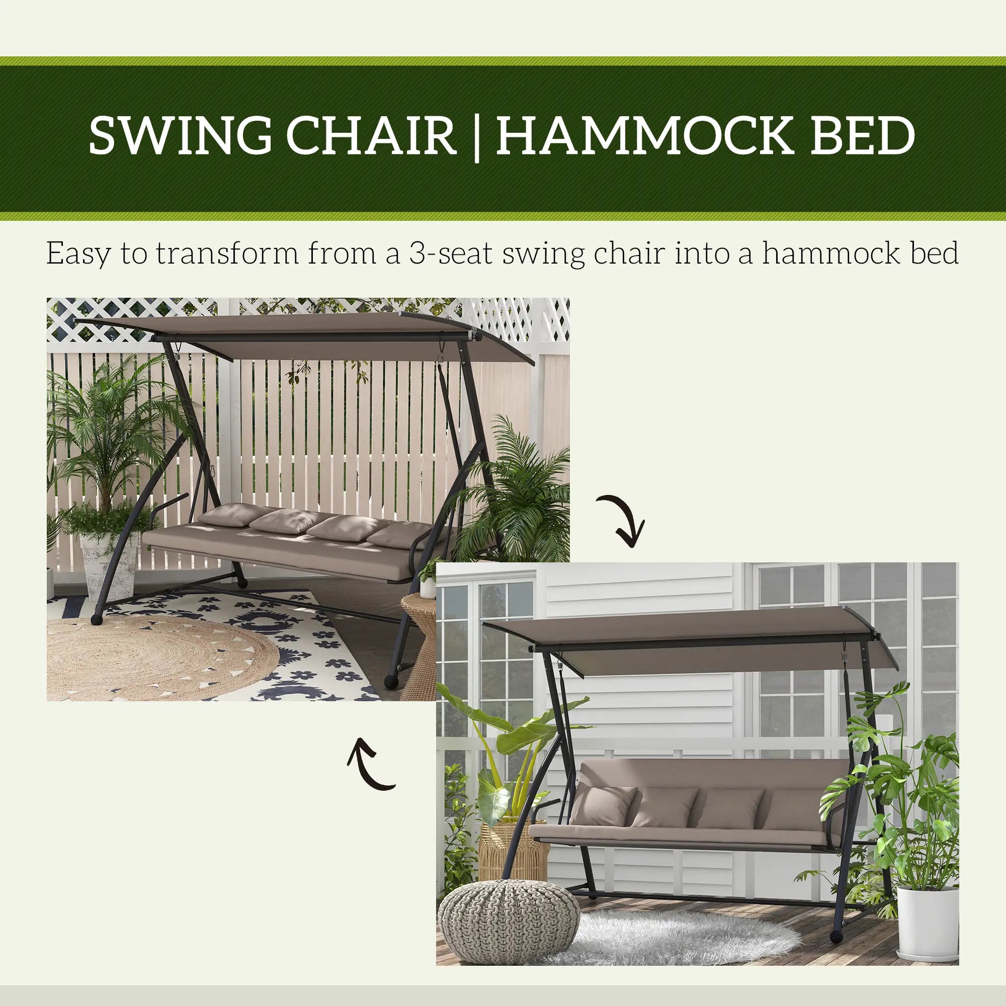 3 Seater Porch Swing, Convertible Chair Bed, Light Brown Patio Swings with Stand at Gallery Canada