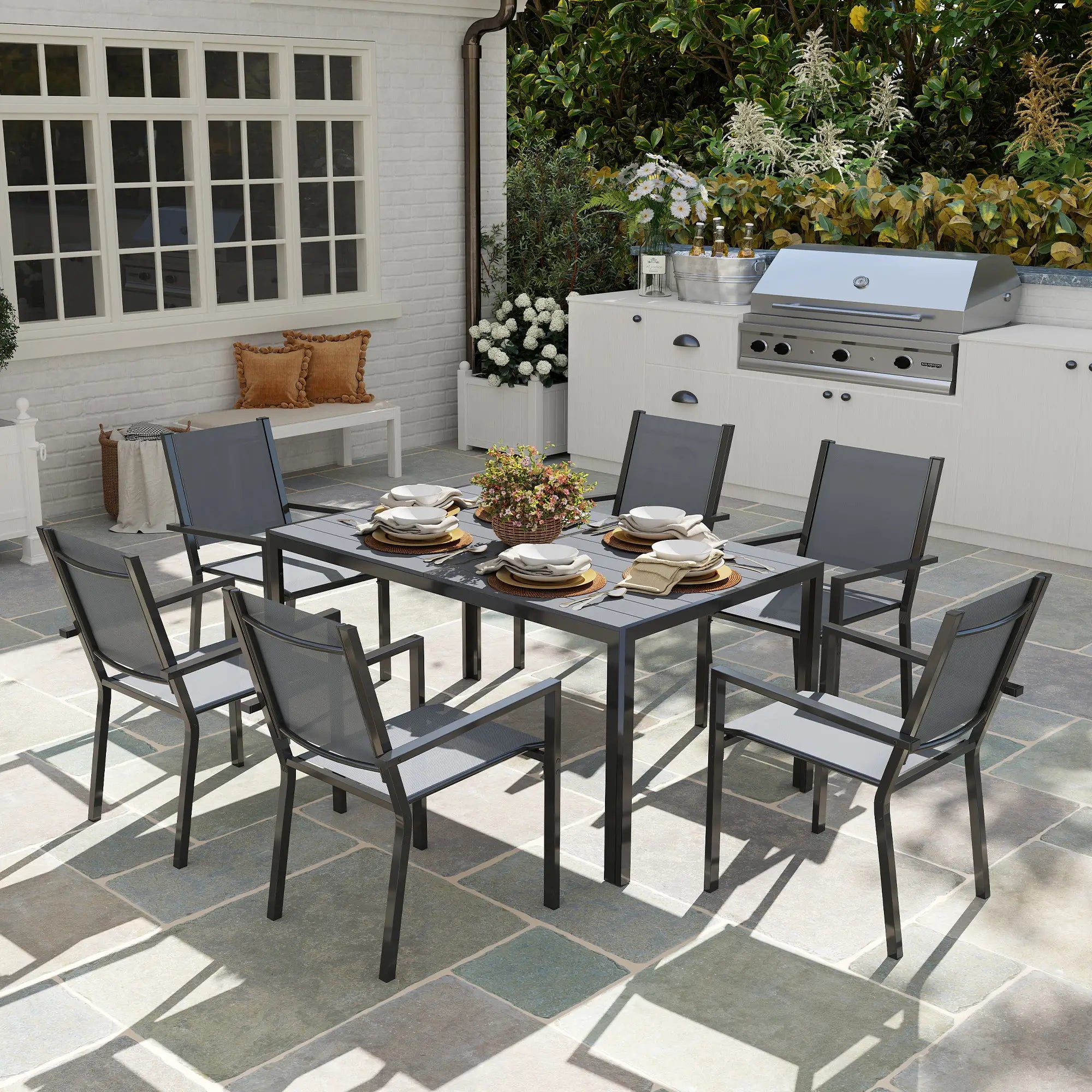 7-Piece Outdoor Dining Set, 6 Stackable Chairs, Rectangle Table, WPC Top Outdoor Dining Sets at Gallery Canada