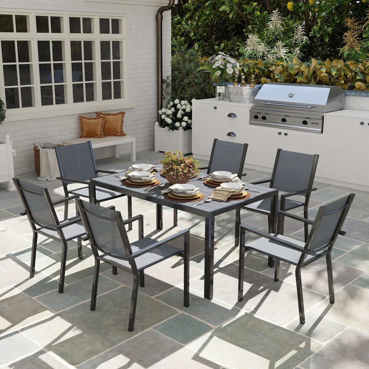 7-Piece Outdoor Dining Set, 6 Stackable Chairs, Rectangle Table, WPC Top Outdoor Dining Sets at Gallery Canada