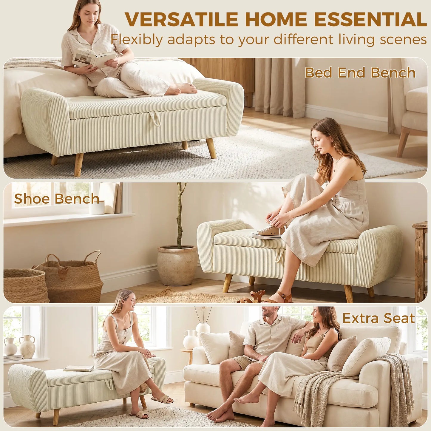 Corduroy Storage Ottoman Bench, 59", Beige