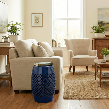 12" Steel Round Hollow Drum Side Table, Navy Blue Patio Side Tables at Gallery Canada