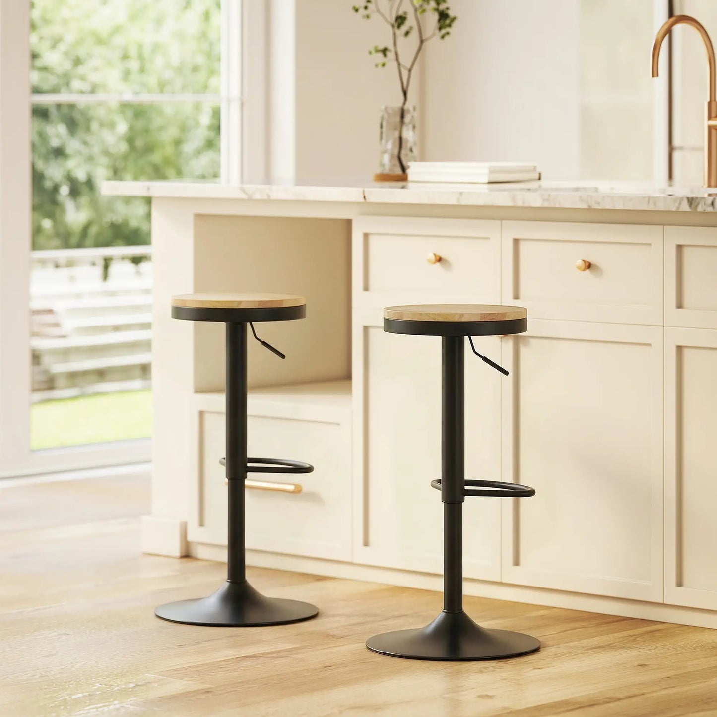 Wood Swivel Barstools Set Of 2, Adjustable Height, Natural Wood And Black, Black Bar Stools at Gallery Canada
