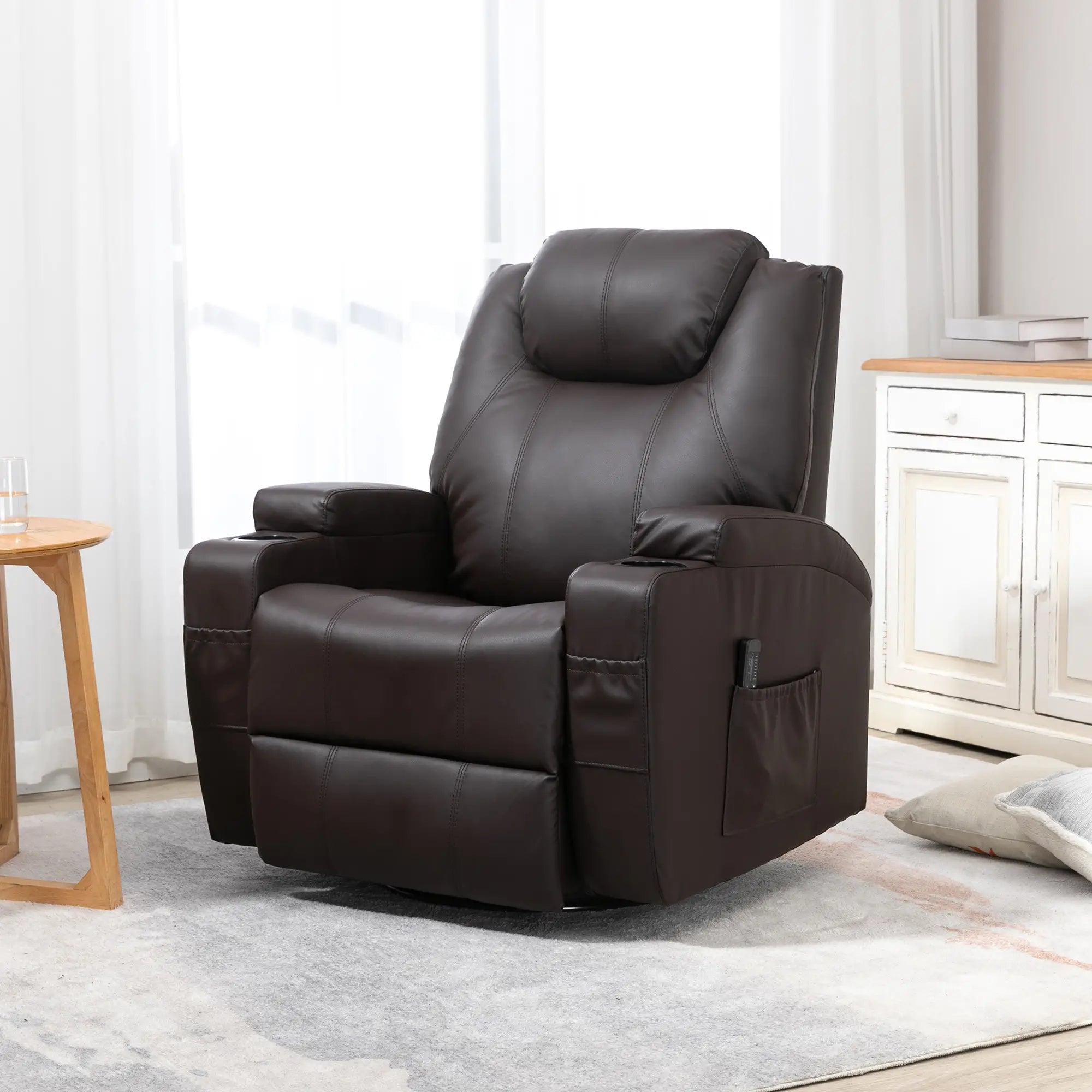 Massage Recliner Chair, Swivel Rocker, 8 Vibration Points, PU Leather, Brown Single Sofas at Gallery Canada