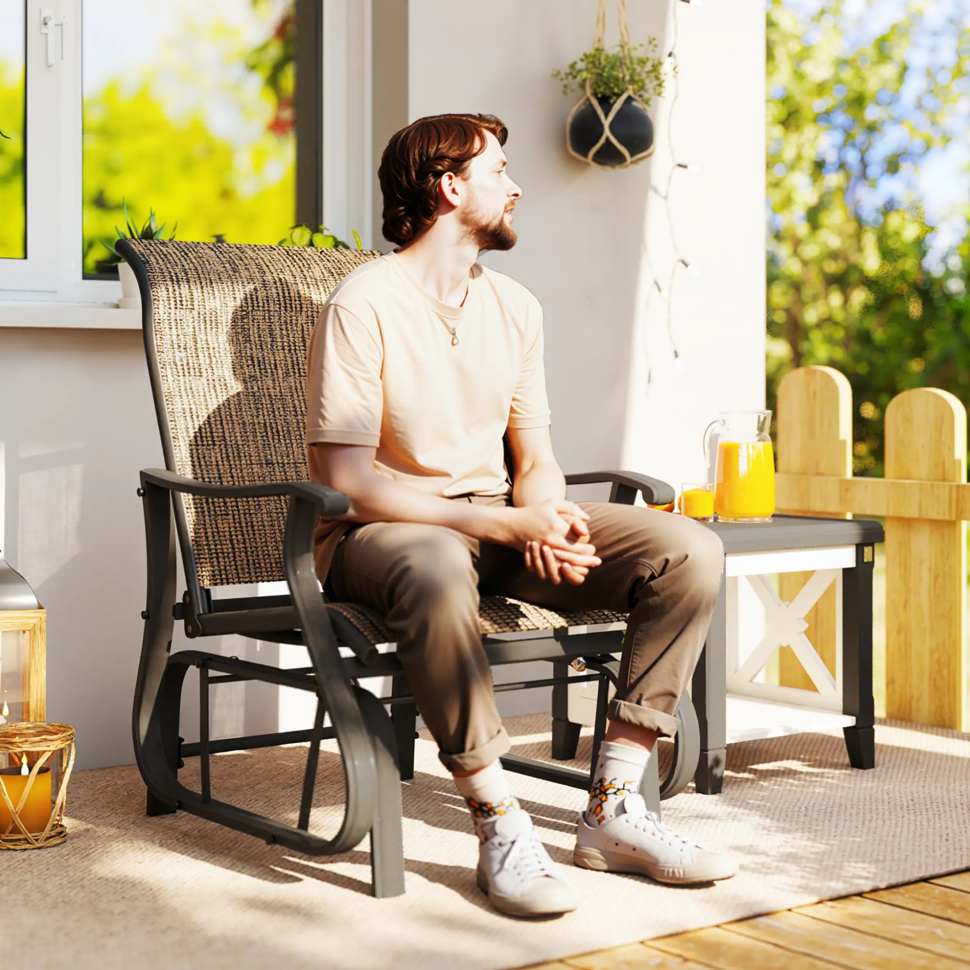 Outdoor Glider Chair, Steel Frame Mesh Fabric, Light Mixed Brown, Brown Outdoor Gliders at Gallery Canada