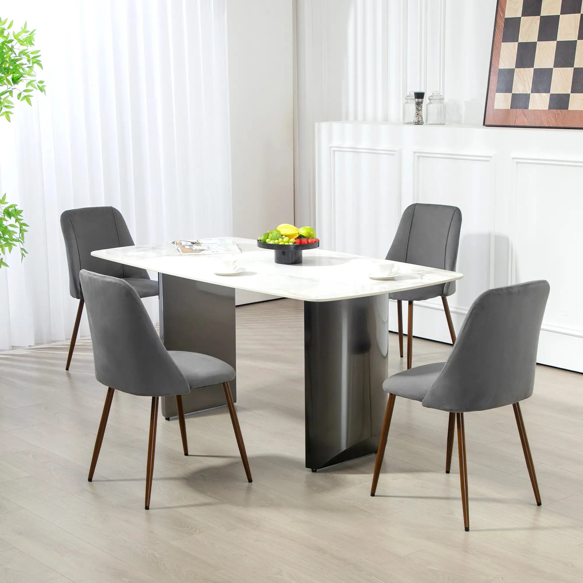 Upholstered Dining Chairs Set of 4, Velvet, Wood-Grain Steel Leg, Dark Grey Dining Chairs at Gallery Canada