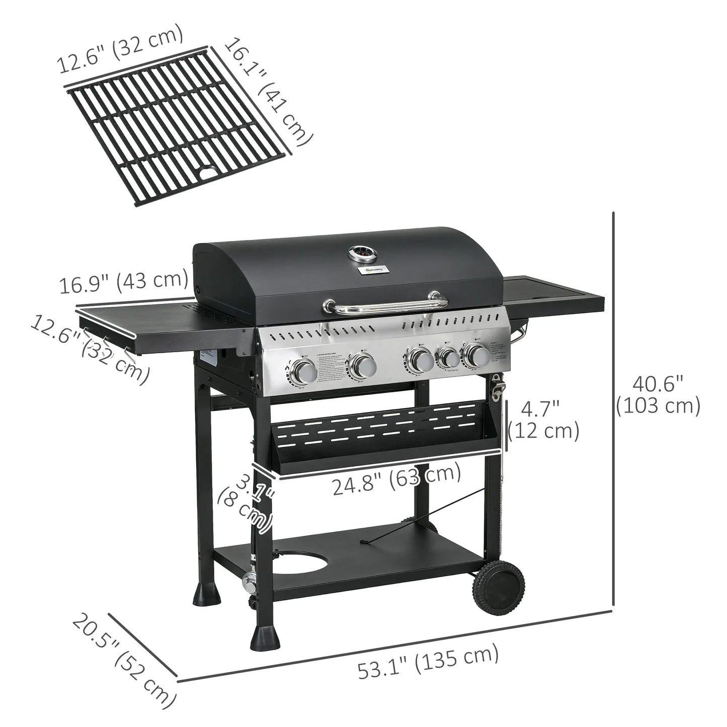 40,000 BTU Propane Gas Grill, 4 Burners, Side Burner, Warming Rack, Black Propane Gas Grills at Gallery Canada