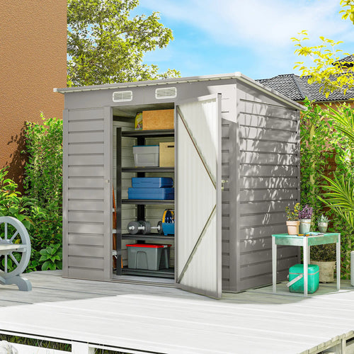 6 x 4FT Galvanized Garden Storage Shed, Metal Outdoor Shed, Light Grey