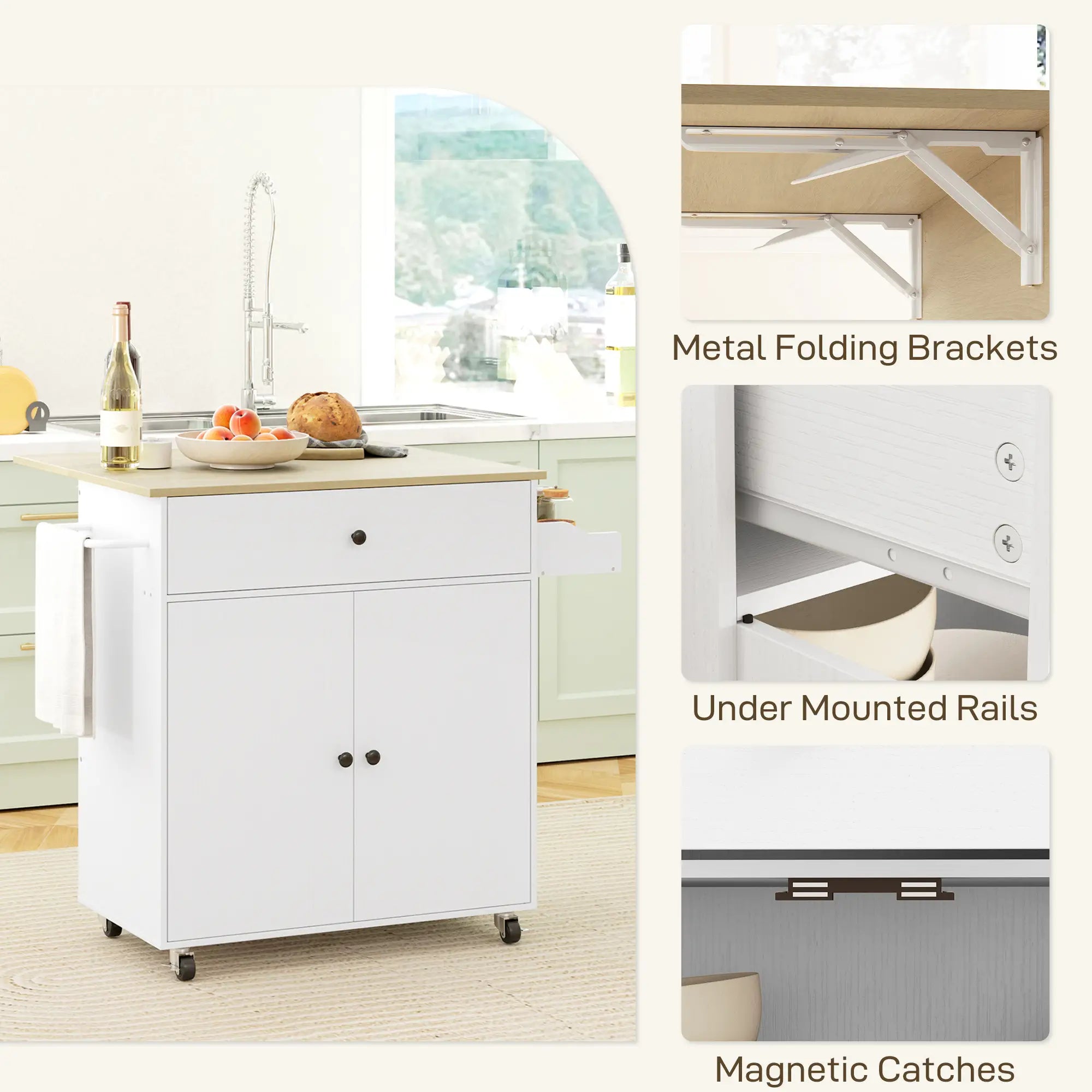Rolling Kitchen Island With Drop Leaf, Storage Cart With Drawer, White Kitchen Islands & Kitchen Carts at Gallery Canada
