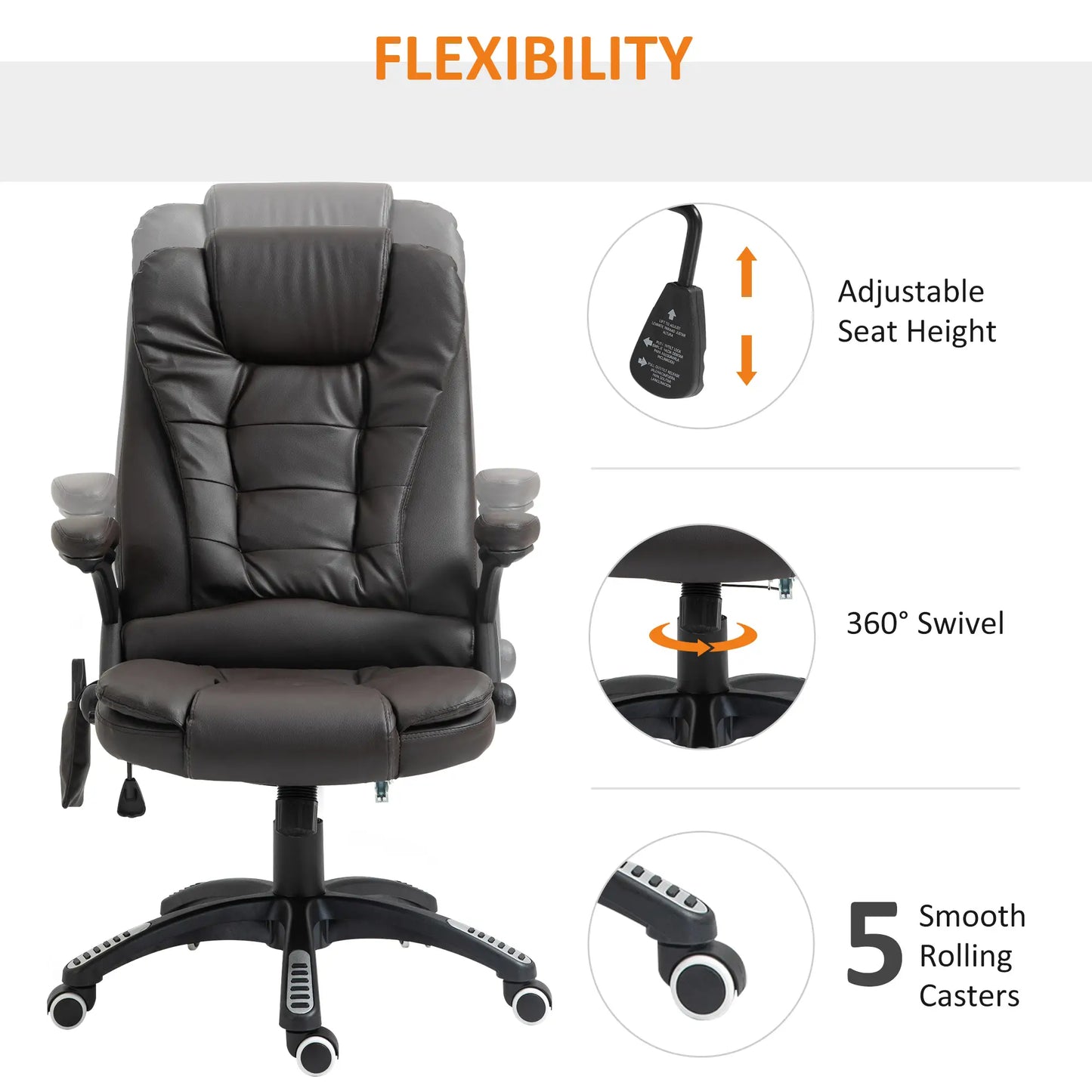 Heated Ergonomic Massage Swivel Office Chair, High Back Faux Leather, Brown Massage Chairs at Gallery Canada