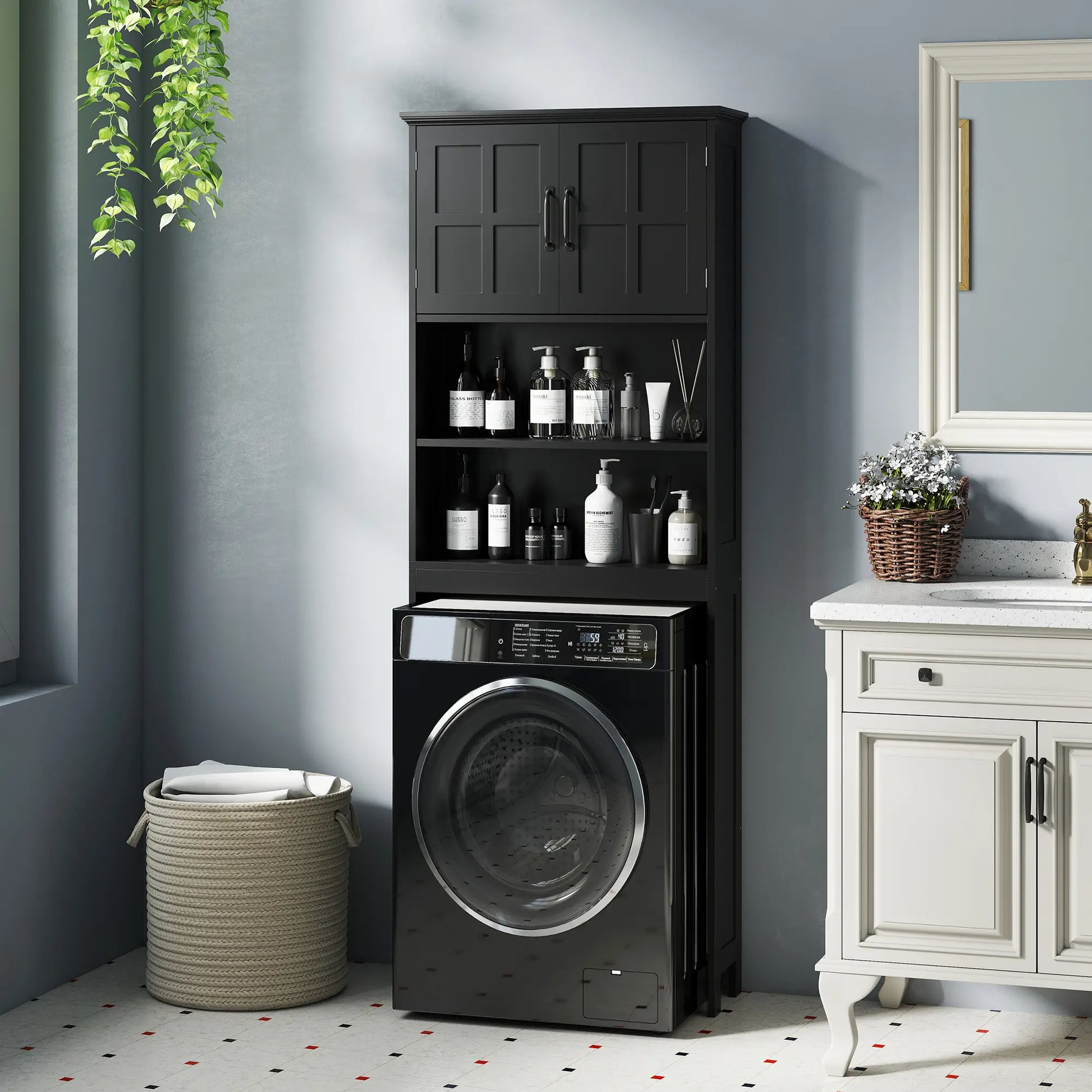 Modern Over Toilet Storage, Bathroom Cabinet with Shelves, Double Door, Black Bathroom Cabinets at Gallery Canada