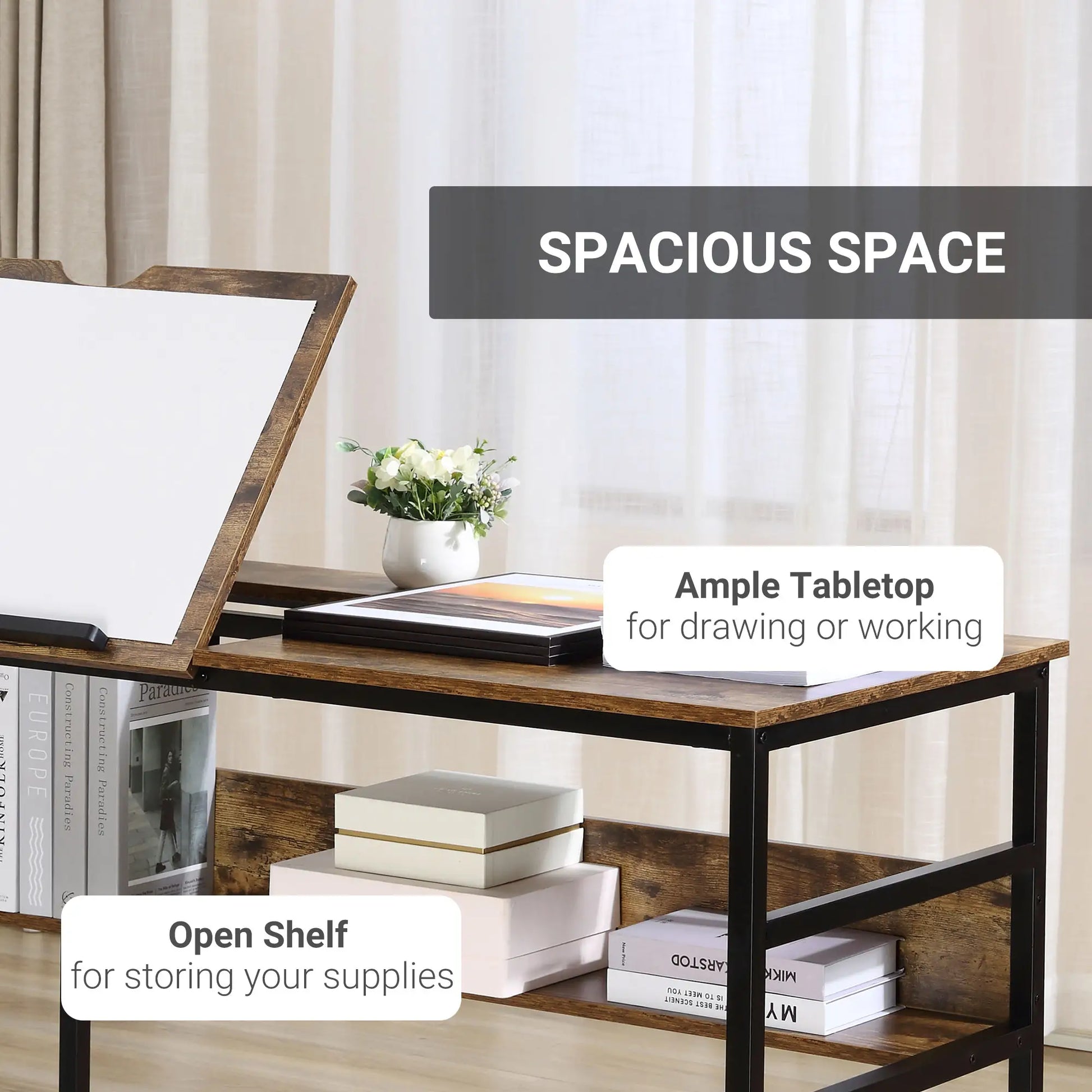 Adjustable Drafting Table, Art Desk, Tiltable Tabletop, Storage Shelf, Rustic Brown, Brown Writing Desks at Gallery Canada
