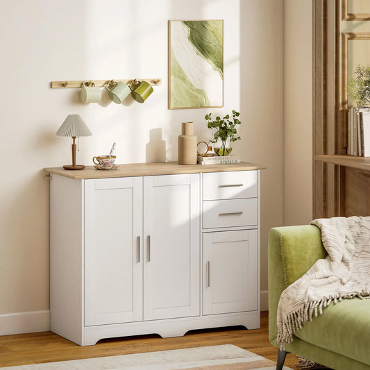 40" Sideboard Buffet Cabinet, Modern Kitchen Storage Cabinet with 2 Drawers, 3 Doors &; Adjustable Shelf, White Storage Cabinets White, Natural Wood at Gallery Canada