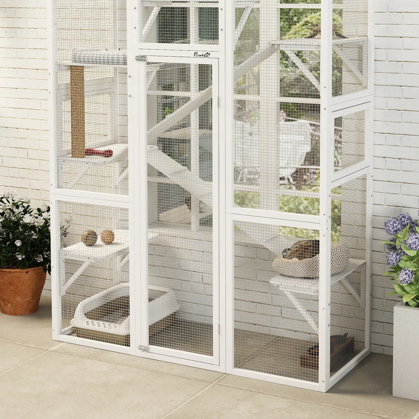 Wooden Catio Outdoor Cat Enclosure, 6 Platforms, Scratching Post, 2 Ramps, Waterproof Roof, White Outdoor Cat Enclosures at Gallery Canada