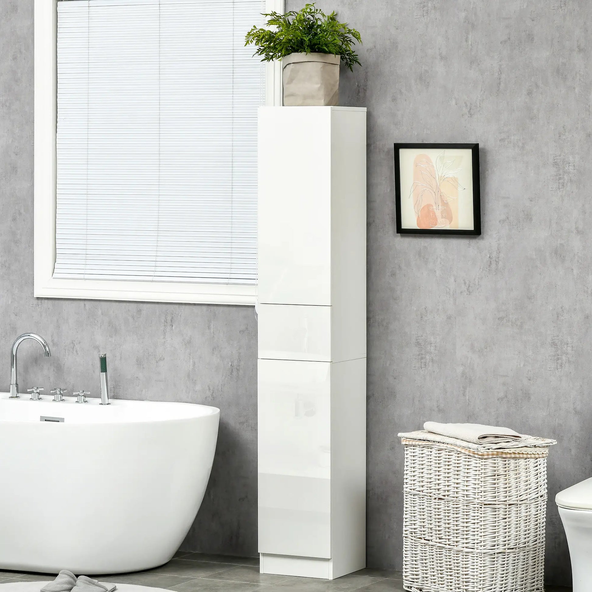 Tall Narrow Bathroom Cabinet with Doors, Drawer, Adjustable Shelves, High Gloss, White Bathroom Cabinets at Gallery Canada