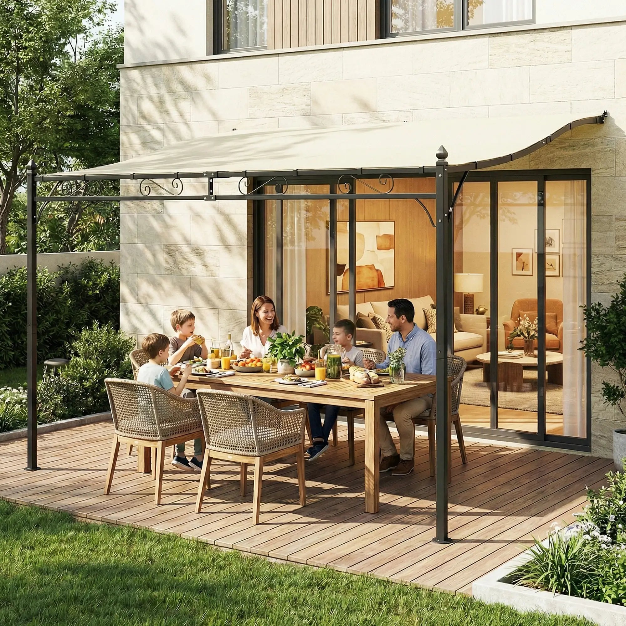 11.5' x 8.2' Outdoor Pergola, Wall Mounted Metal Frame, UPF30+ Garden Gazebo Pergolas at Gallery Canada