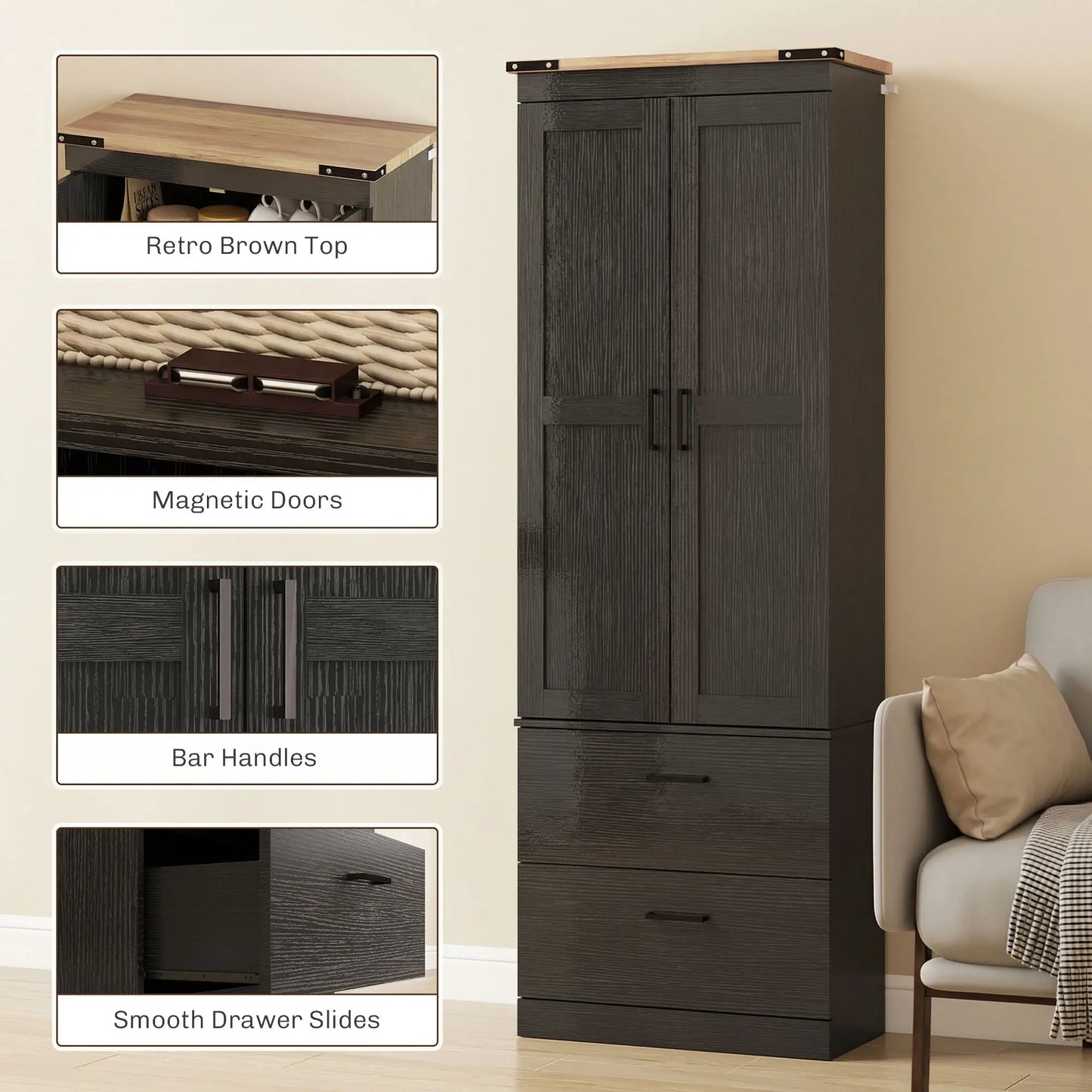 67" Tall Kitchen Pantry Cabinet With Doors, Drawers, Adjustable Shelves, Black Kitchen Pantry Cabinets at Gallery Canada