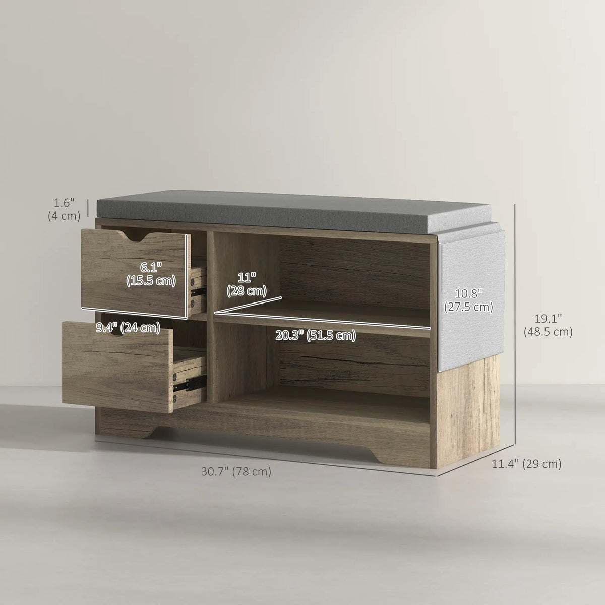 Upholstered Shoe Storage Bench With Seat, Drawer, Open Shelves, Grey Shoe Storage Cabinets & Racks at Gallery Canada