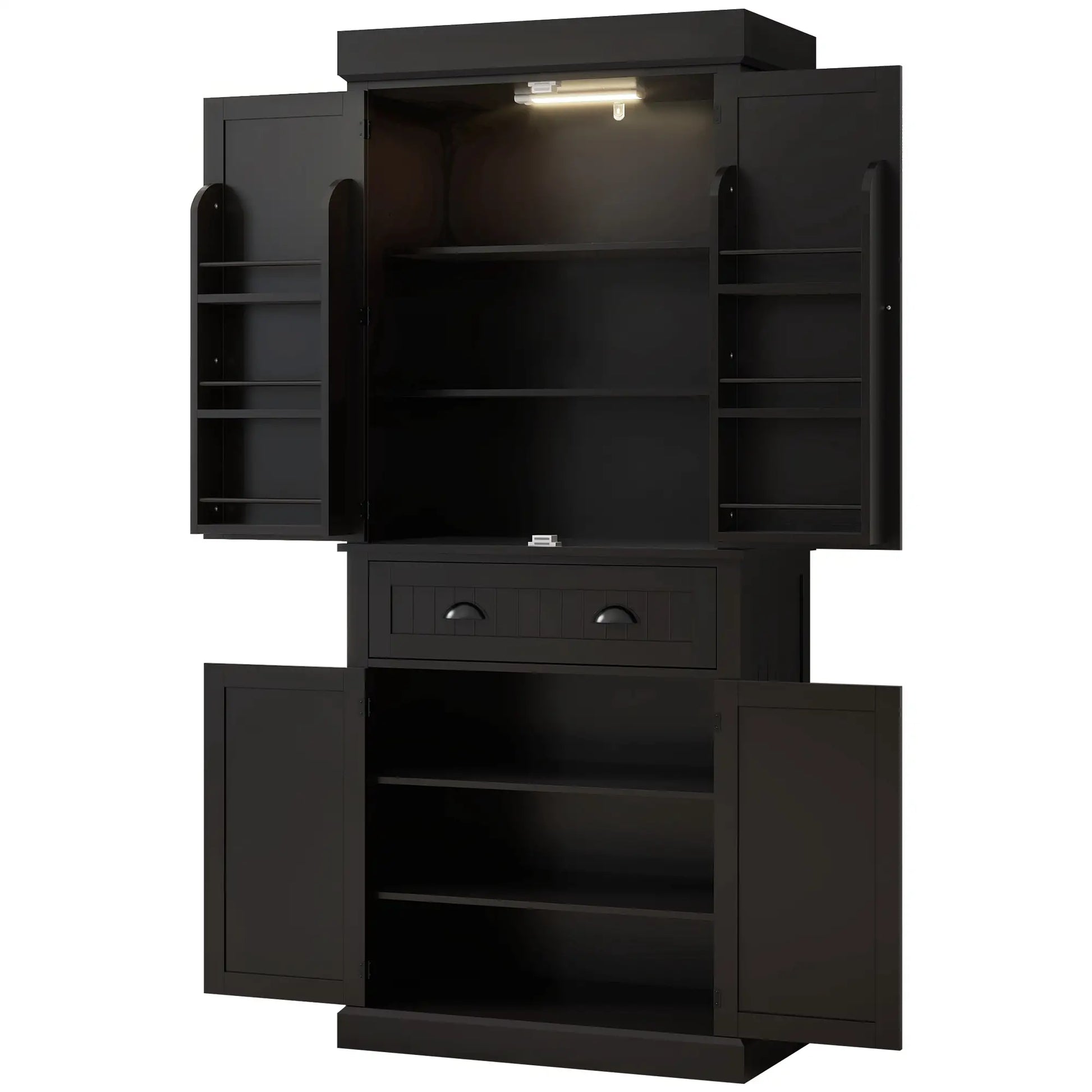 71" Kitchen Pantry Cabinet, LED Lights, 6 Spice Racks, Drawer, 4 Adjustable Shelves, Black Kitchen Pantry Cabinets Black at Gallery Canada