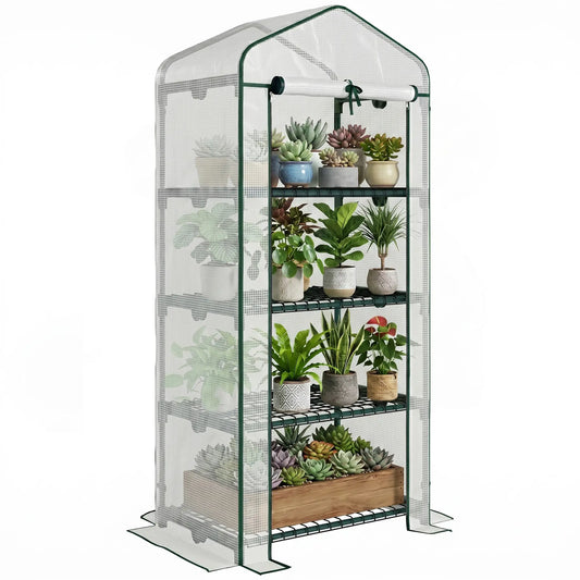 28" x 20" x 63" Portable Greenhouse, 4 Tier Shelves, Steel Frame, PE Cover, White Walk In Greenhouses Dark Green, White at Gallery Canada
