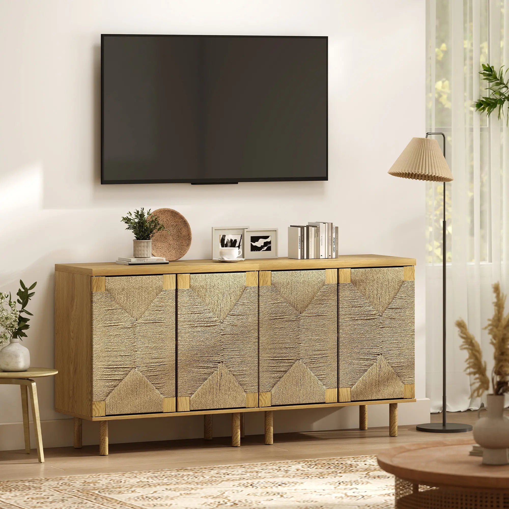 Handwoven Rope Accent Cabinet, Boho Sideboard, Push to Open Doors, Adjustable Shelf Storage Cabinets at Gallery Canada