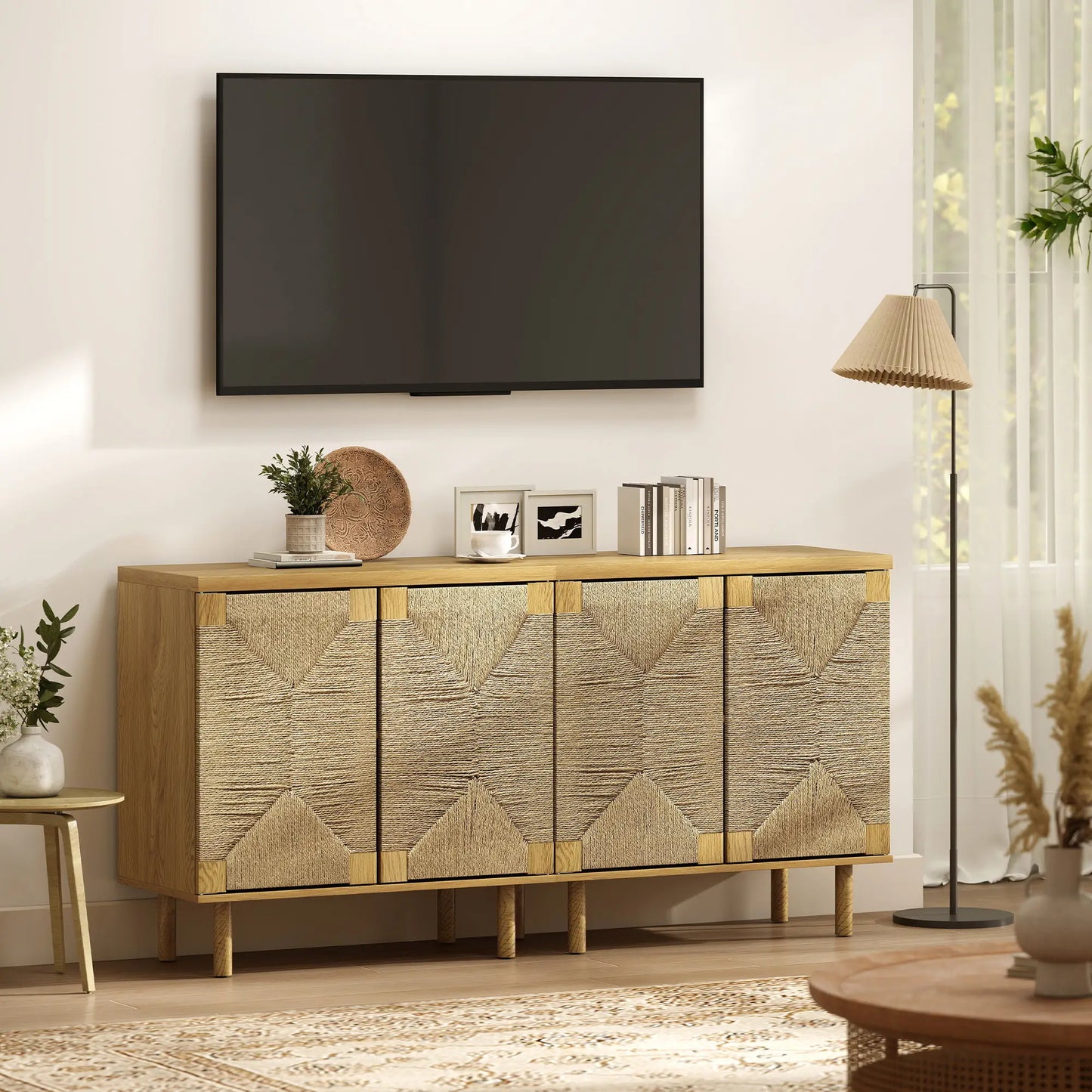 Handwoven Rope Accent Cabinet, Boho Sideboard, Push to Open Doors, Adjustable Shelf Storage Cabinets at Gallery Canada