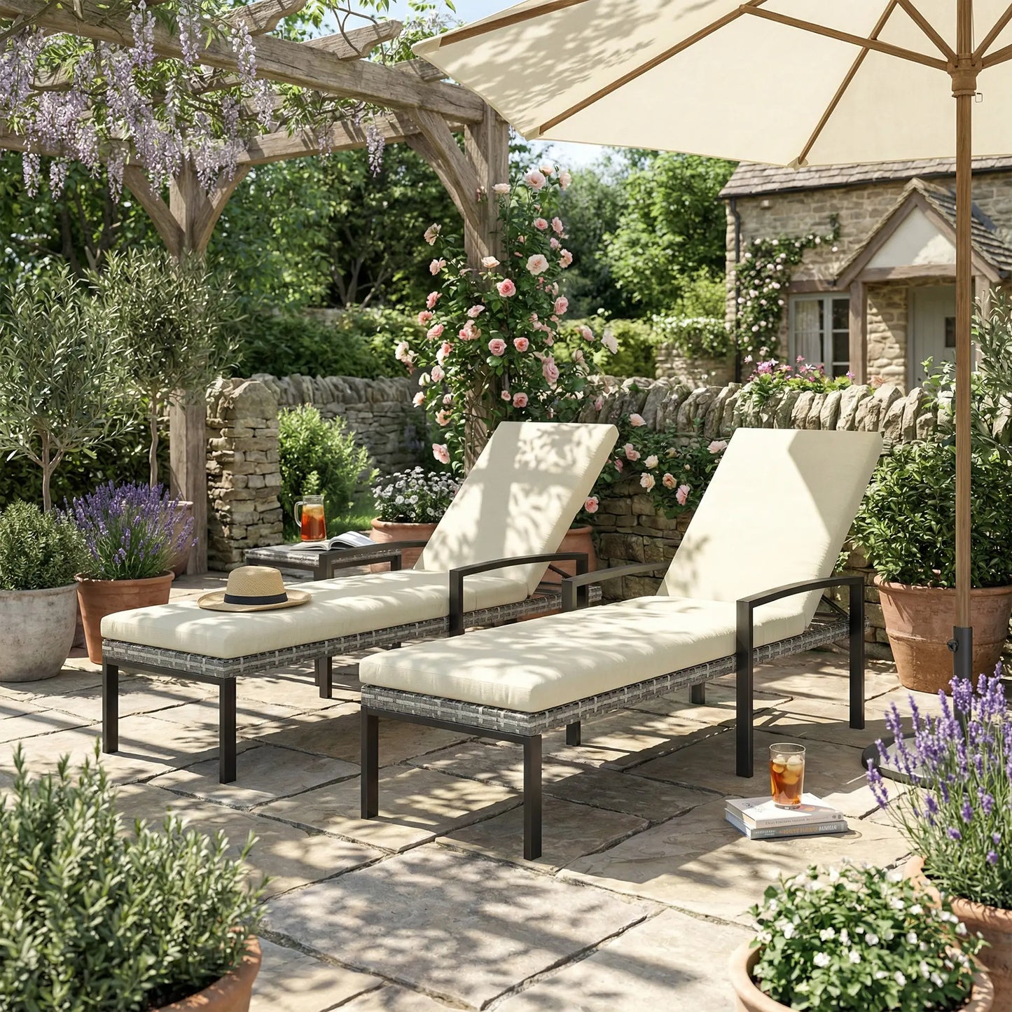 Outdoor Wicker Chaise Lounge Chairs, Set of 2, 5-Level Adjustable Backrest Wicker Chaise Loungers at Gallery Canada