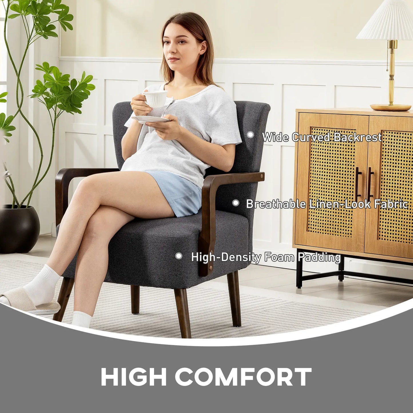 Accent Chair with Wooden Legs, Linen Fabric, Thick Padding, Dark Grey Accent Chairs at Gallery Canada