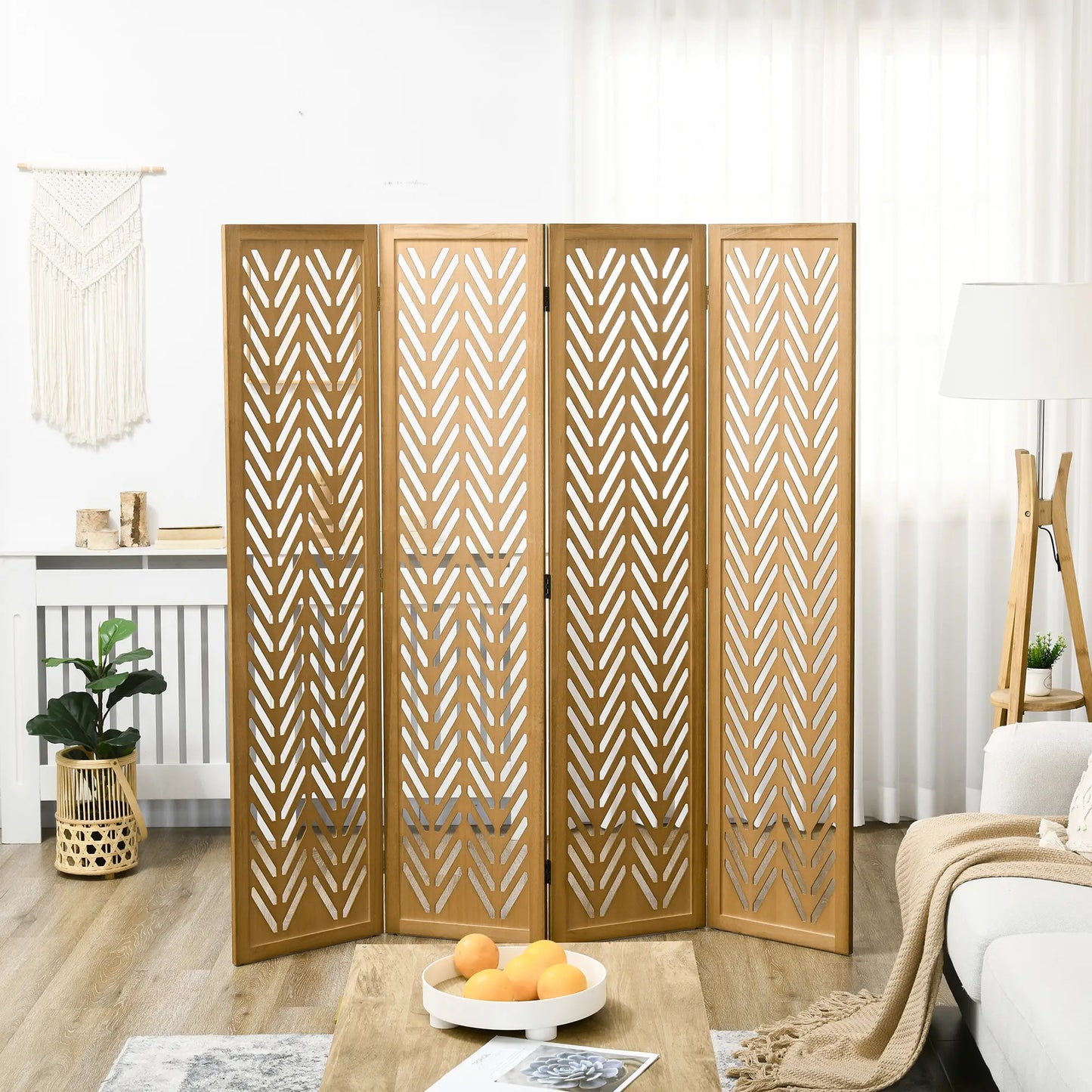4 Panel Room Divider, 5.6ft Tall, Wood Folding Privacy Screen, Light Brown