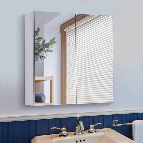 Wall Mounted Mirror Cabinet, Bathroom Medicine Cabinet, 2 Doors, 3-Tier Shelving, Silver