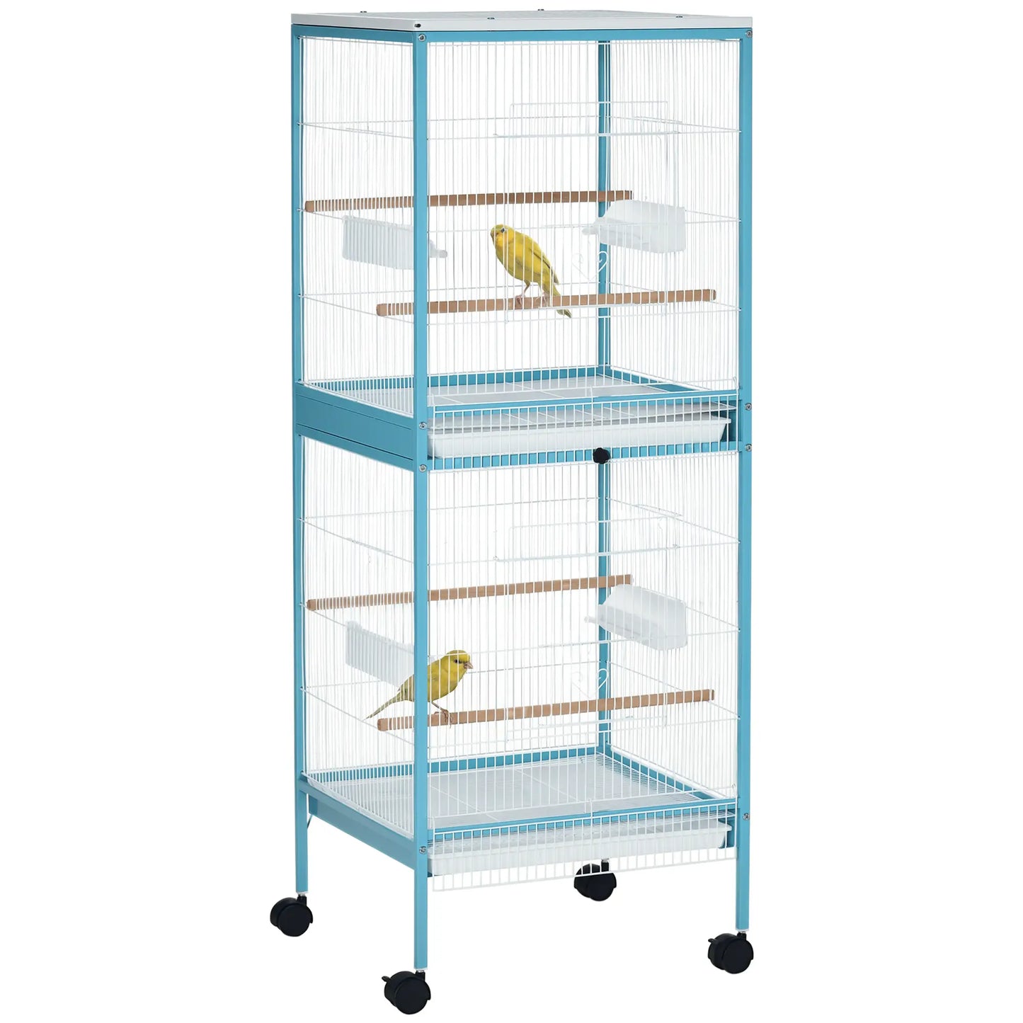 55.1" 2 In 1 Bird Cage Aviary, Wheels, Slide-out Trays, Light Blue Bird Cages Light Blue, White at Gallery Canada